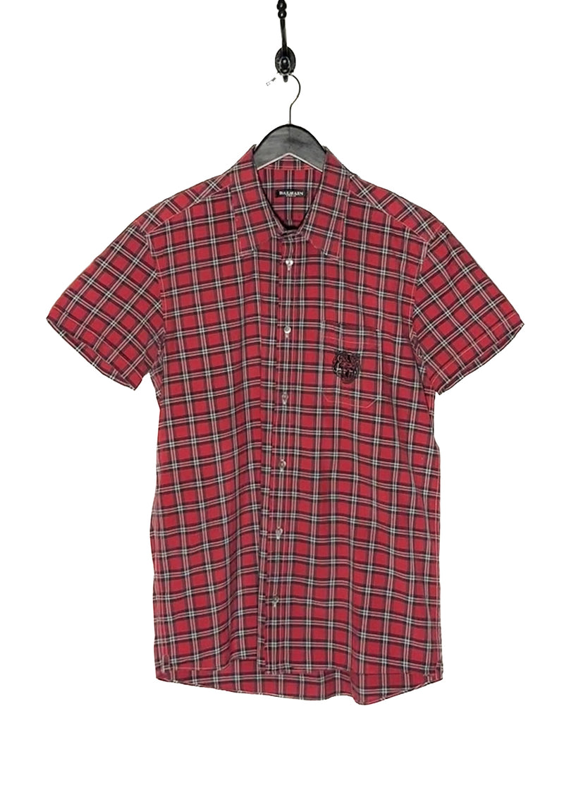 Main photo of Balmain SS11 Red Plaid Tiger Embroidered Pocket Short Sleeves Shirt