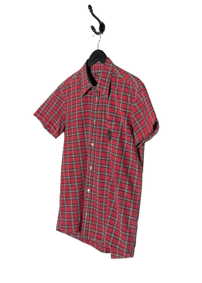Side front view of Balmain SS11 Red Plaid Tiger Embroidered Pocket Short Sleeves Shirt