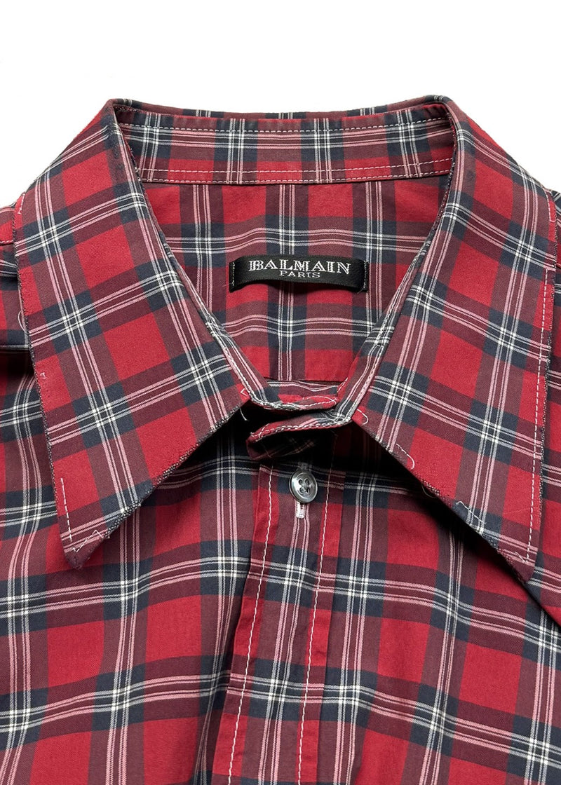 Collar area of Balmain SS11 Red Plaid Tiger Embroidered Pocket Short Sleeves Shirt