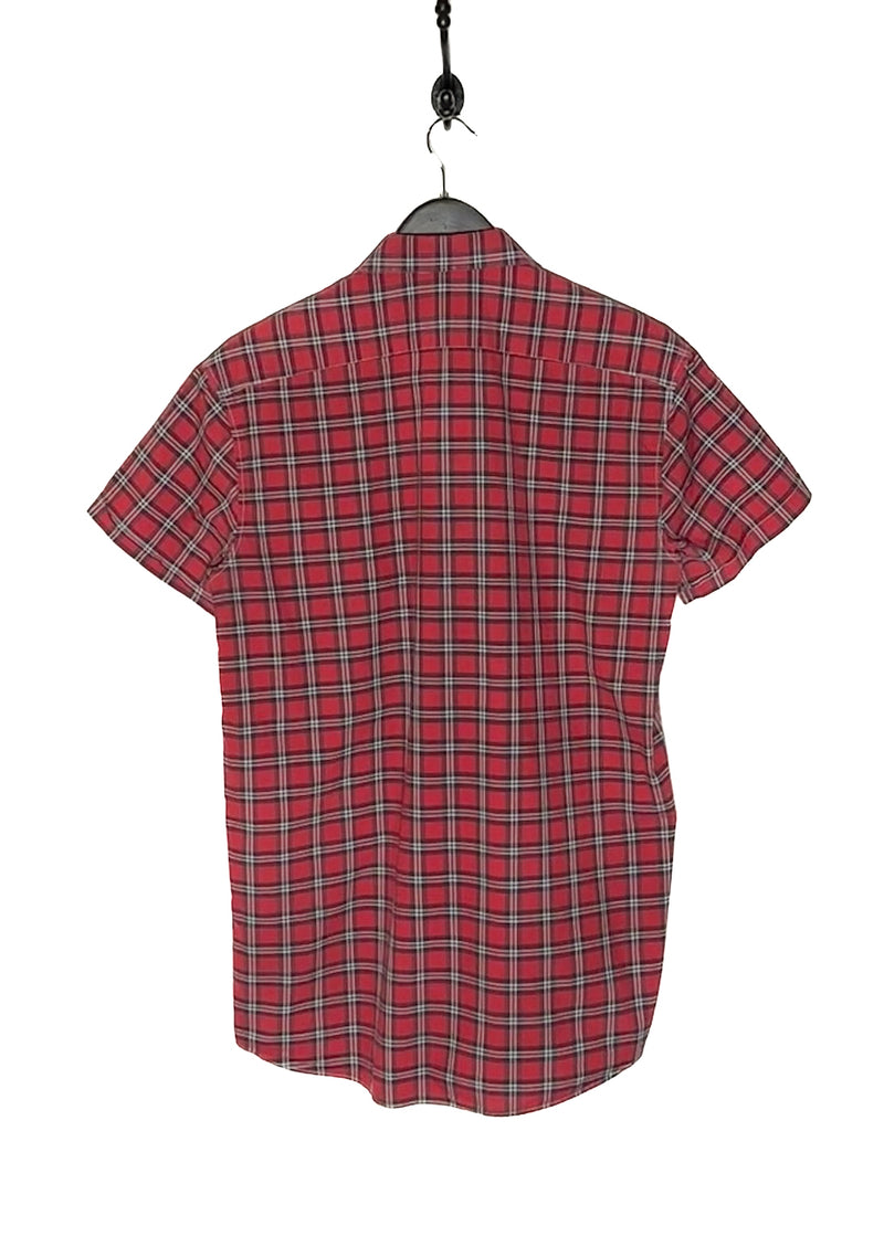 Back view of Balmain SS11 Red Plaid Tiger Embroidered Pocket Short Sleeves Shirt