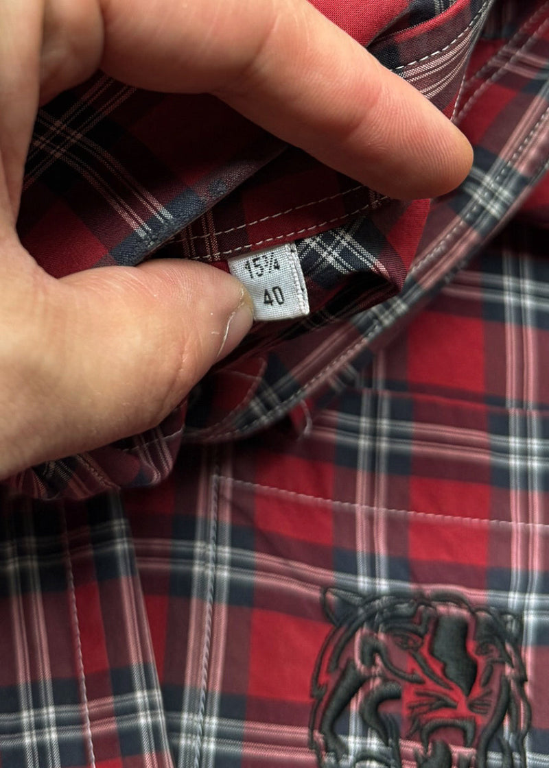 Labels of Balmain SS11 Red Plaid Tiger Embroidered Pocket Short Sleeves Shirt