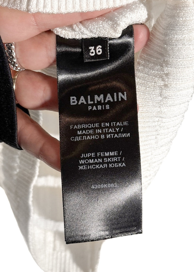 Balmain White Ribbed Seethrough Button Accent Skirt