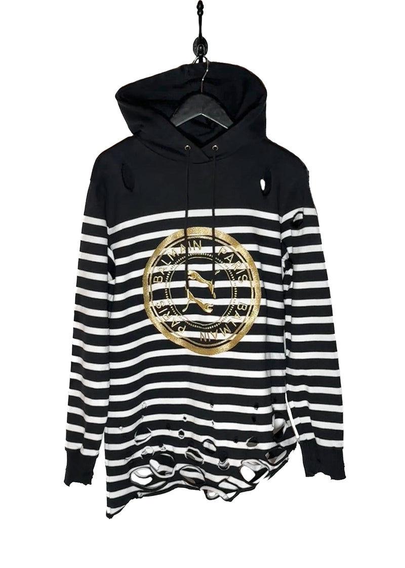 Main photo of Balmain X Puma Black Striped Embroidered Distressed Hoodie Sweater