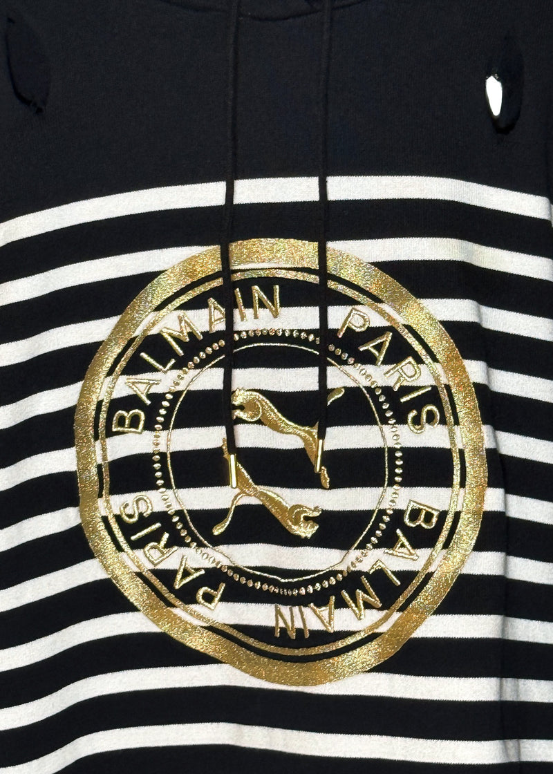 Front logo print of Balmain X Puma Black Striped Embroidered Distressed Hoodie Sweater