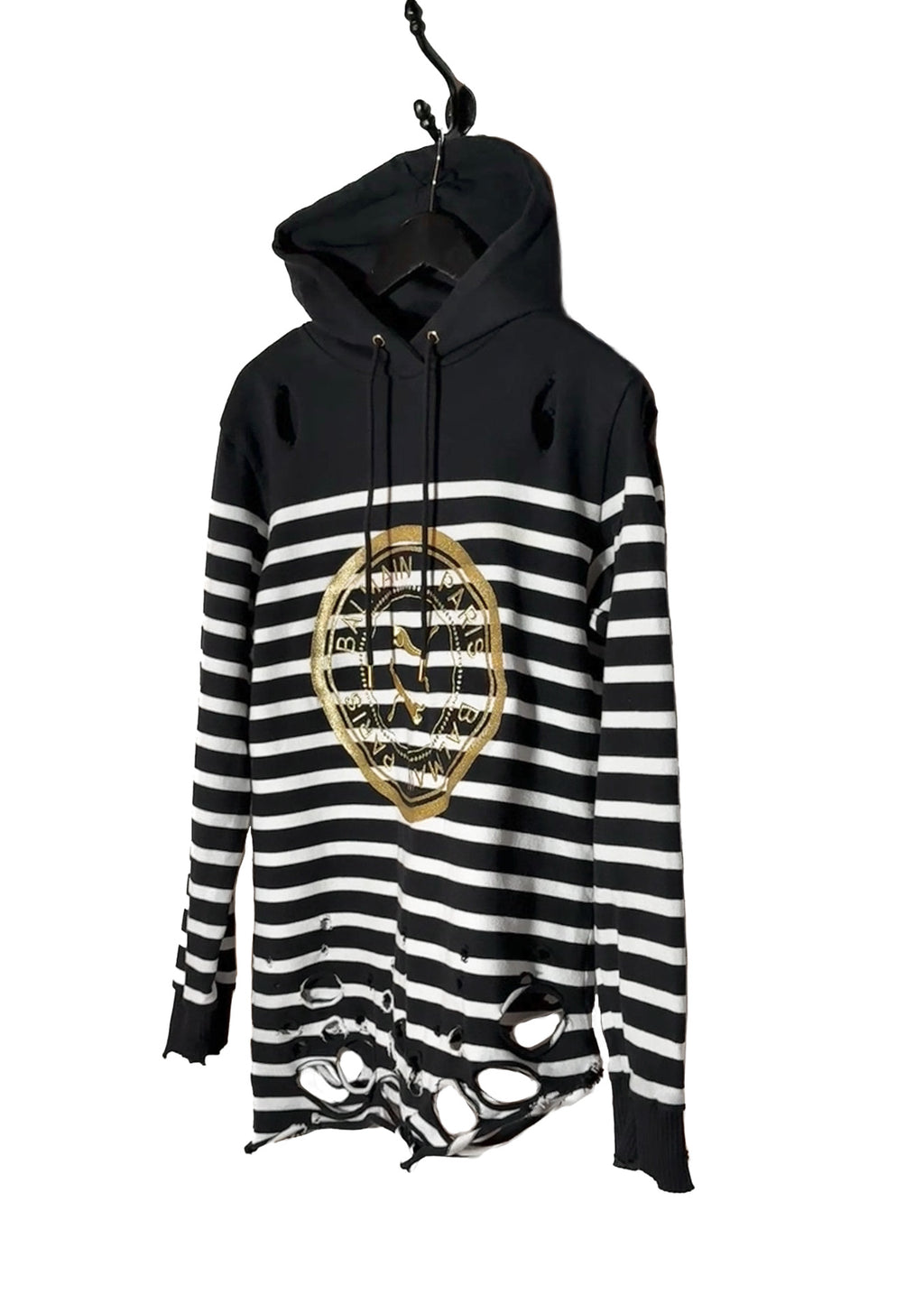 Front side of Balmain X Puma Black Striped Embroidered Distressed Hoodie Sweater