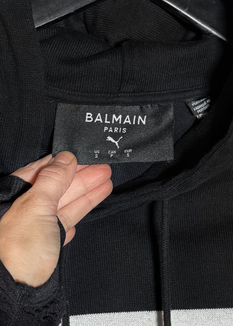 Brand and size label of Balmain X Puma Black Striped Embroidered Distressed Hoodie Sweater