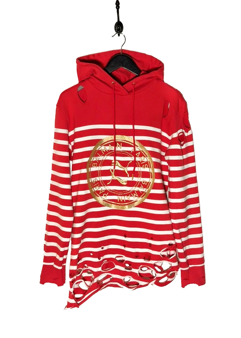 Main photo of Balmain X Puma Red Striped Embroidered Distressed Hoodie Sweater