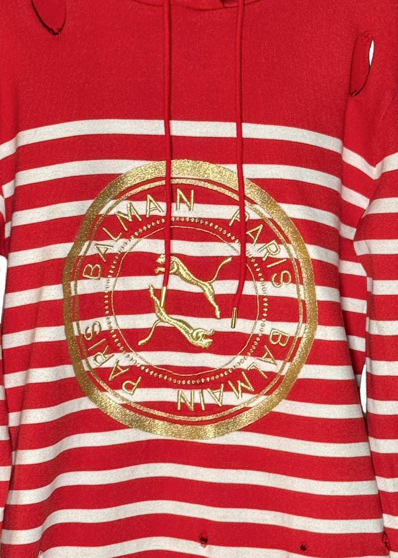 Front print of Balmain X Puma Red Striped Embroidered Distressed Hoodie Sweater