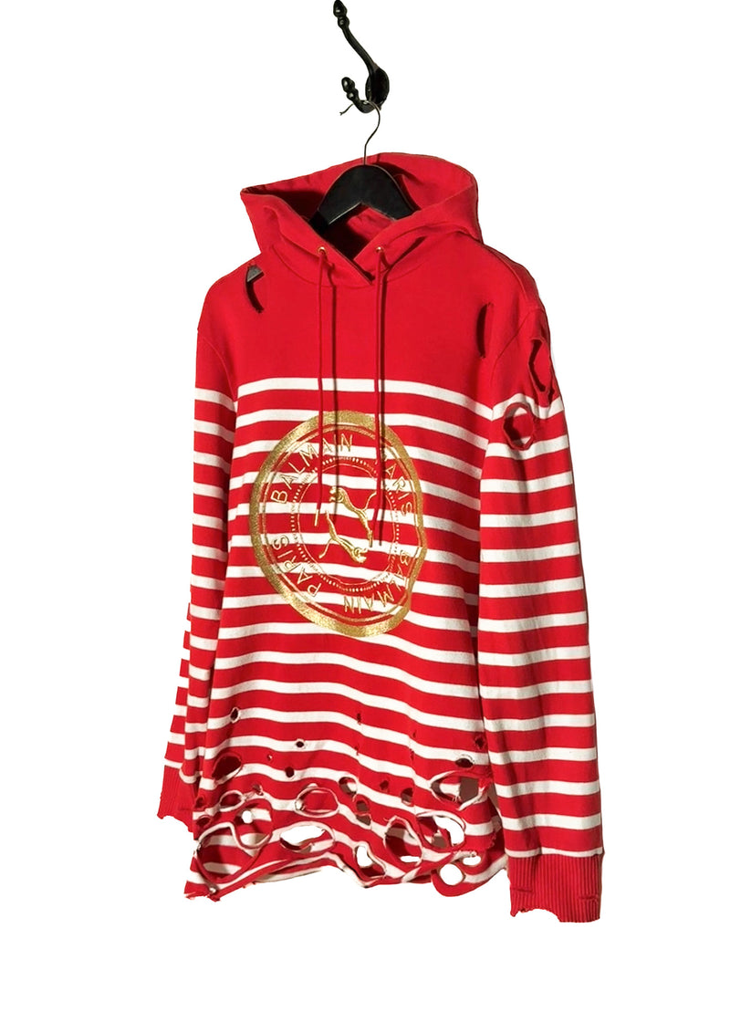 Front side of Balmain X Puma Red Striped Embroidered Distressed Hoodie Sweater