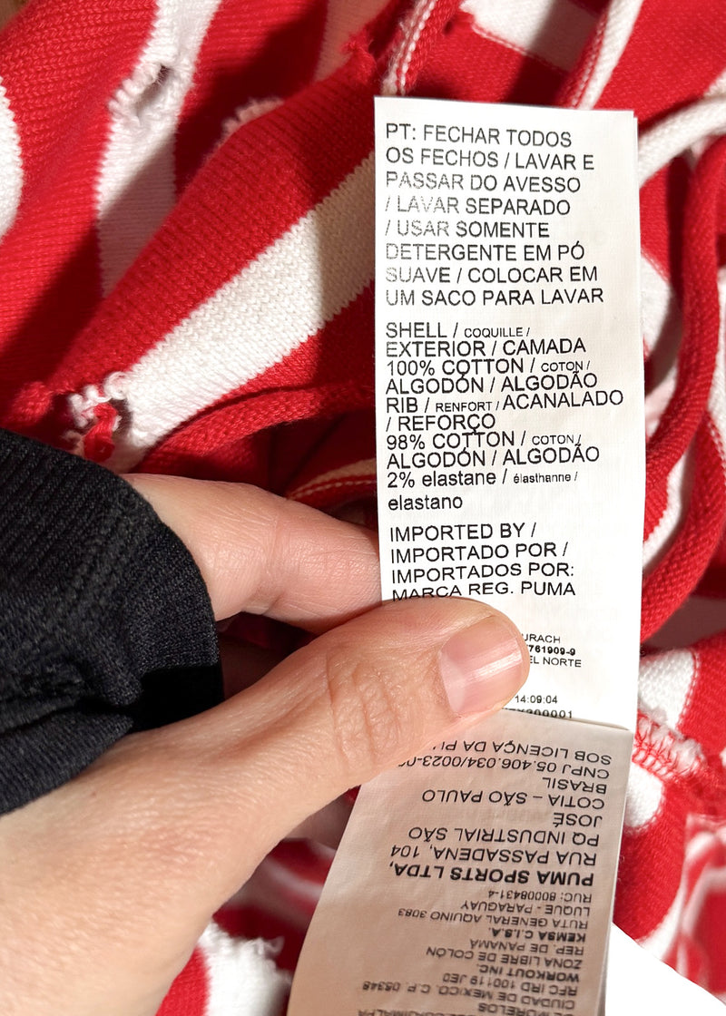 Material label of Balmain X Puma Red Striped Embroidered Distressed Hoodie Sweater