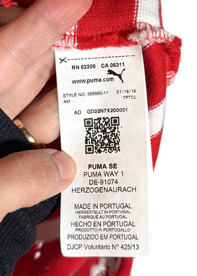 QR code and origin label of Balmain X Puma Red Striped Embroidered Distressed Hoodie Sweater