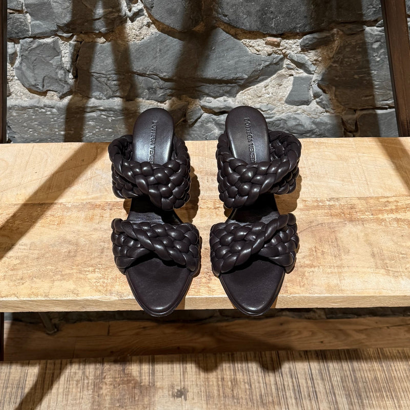Top view of Bottega Veneta Brown Leather Woven The Curve Heeled Sandals