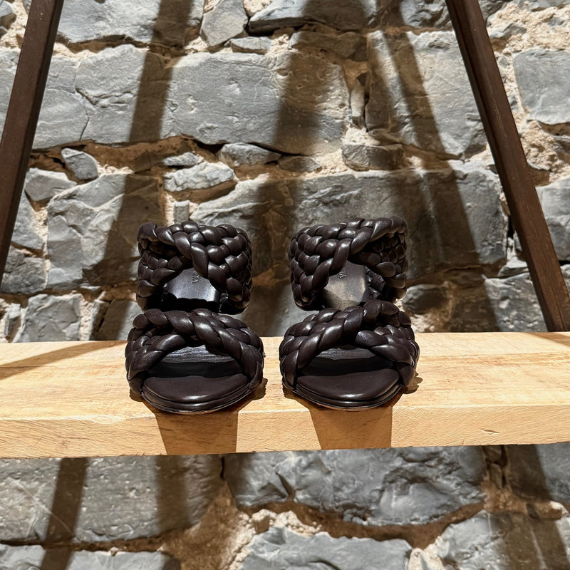 Front view of Bottega Veneta Brown Leather Woven The Curve Heeled Sandals