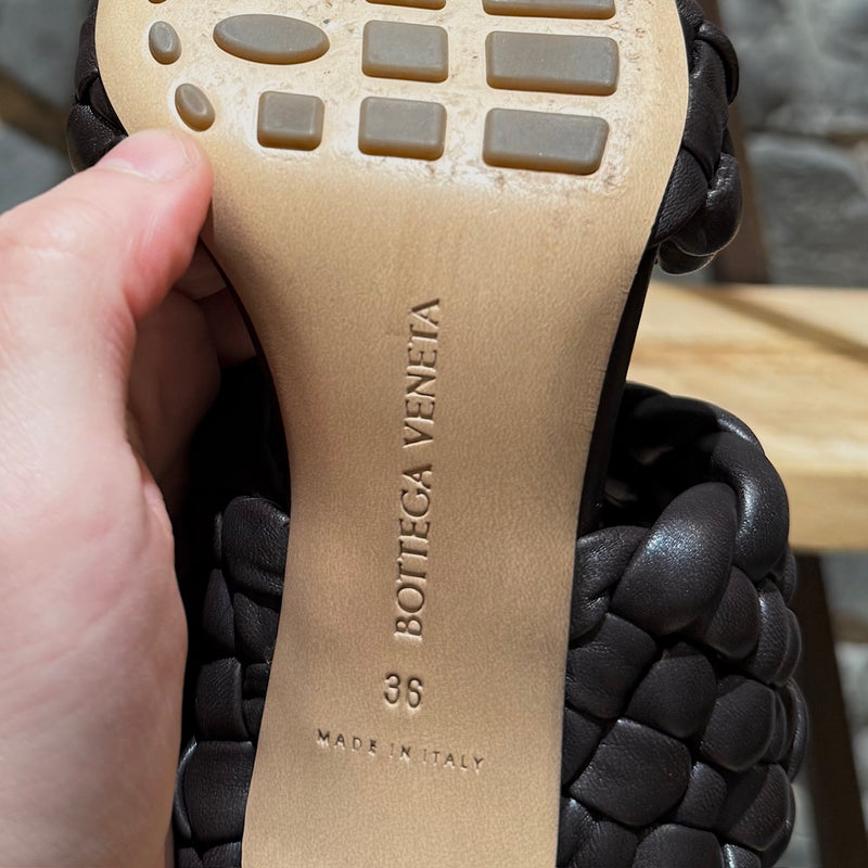 Brand, size and origin stamps of Bottega Veneta Brown Leather Woven The Curve Heeled Sandals