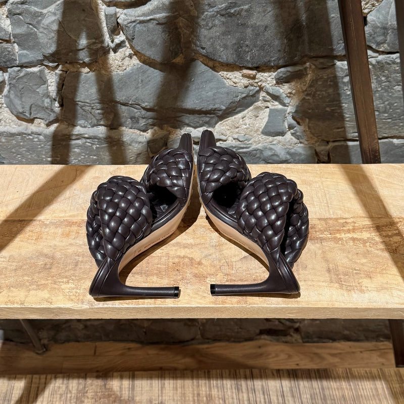 Side-by-side view of Bottega Veneta Brown Leather Woven The Curve Heeled Sandals