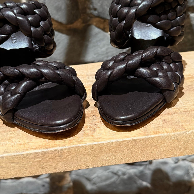 Toes view of Bottega Veneta Brown Leather Woven The Curve Heeled Sandals