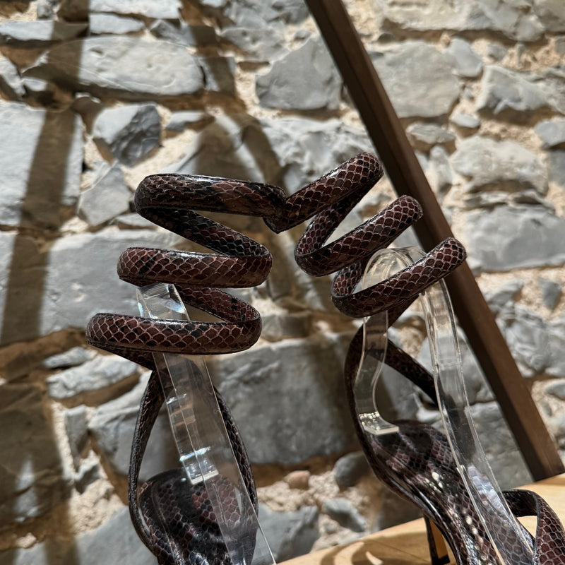Ankle strap of Bottega Veneta Brown Python Embossed The Spiral Heeled Sandals