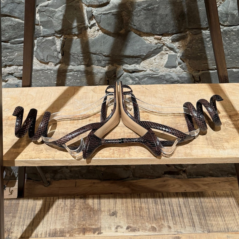 Side-by-side view of Bottega Veneta Brown Python Embossed The Spiral Heeled Sandals