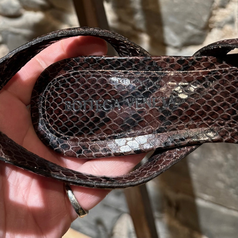 A branded insole of Bottega Veneta Brown Python Embossed The Spiral Heeled Sandals