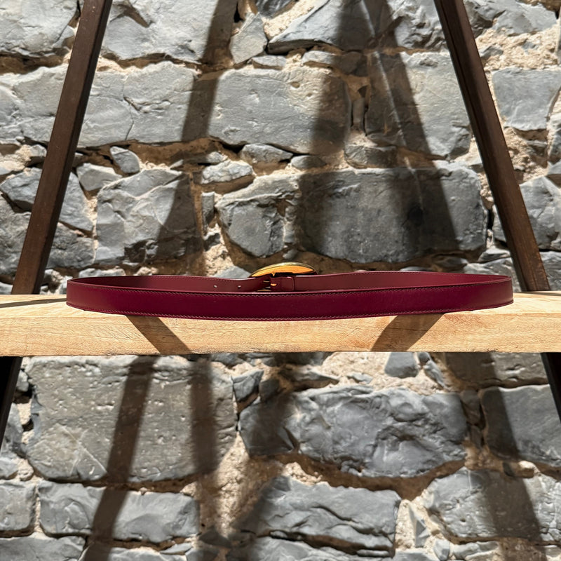 Back view of Bottega Veneta Burgundy Leather Gold Drop Buckle Thin Belt