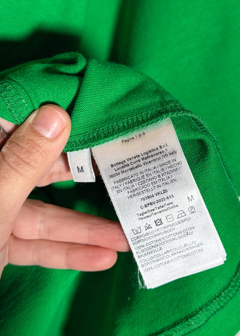 Size, material and care label of Bottega Veneta Green Pocketed Oversized T-shirt