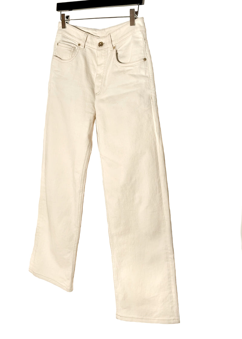 Side front view of Brunello Cucinelli Beige Wide Leg Denim Jeans