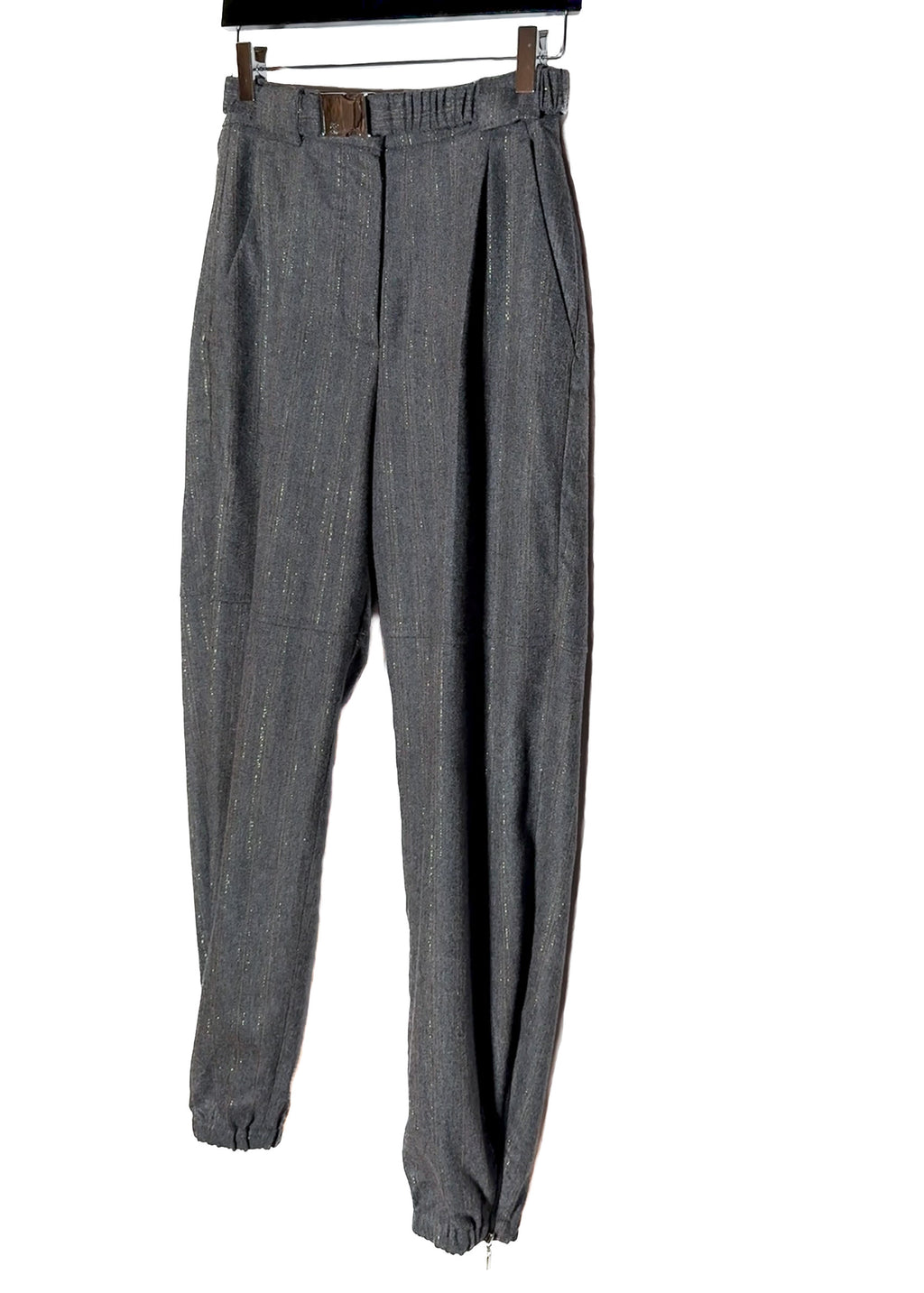 Front side of Brunello Cucinelli Grey Metallic Pinstripe Elastic Accent Trousers