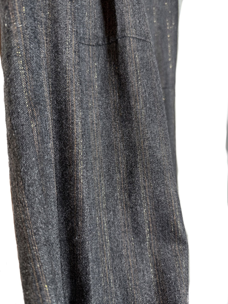 Fabric Close up of Brunello Cucinelli Grey Metallic Pinstripe Elastic Accent Trousers