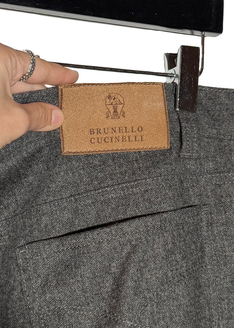 Brand patch on Brunello Cucinelli Grey Wool Flannel Pants