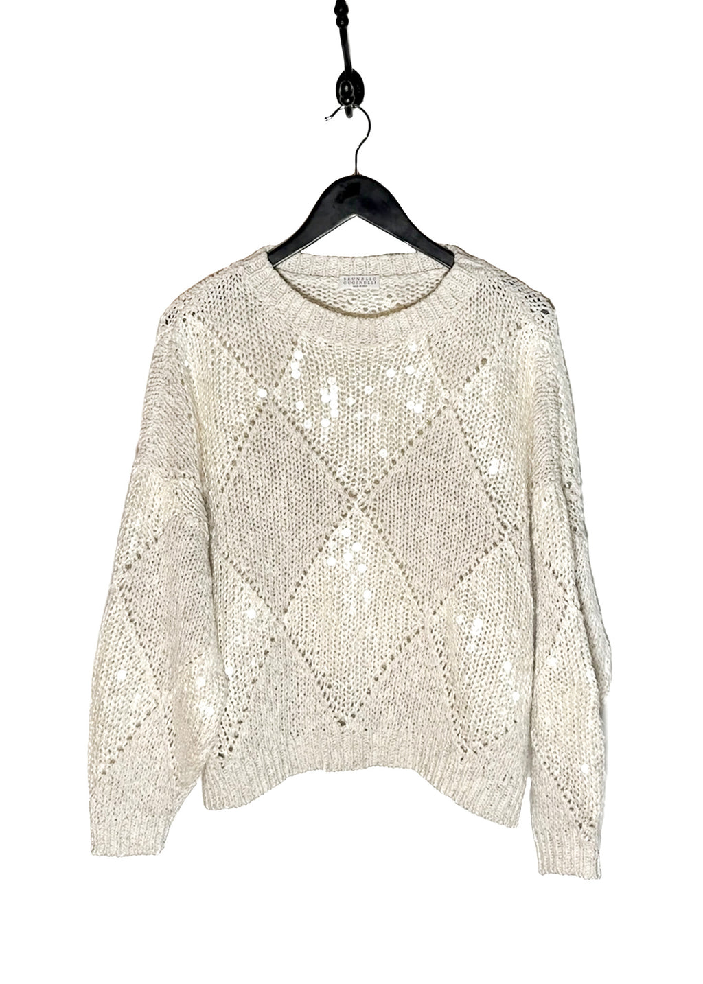 Main front photo of Brunello Cucinelli Ivory Sequined Argyle Cotton Blend Knit Sweater