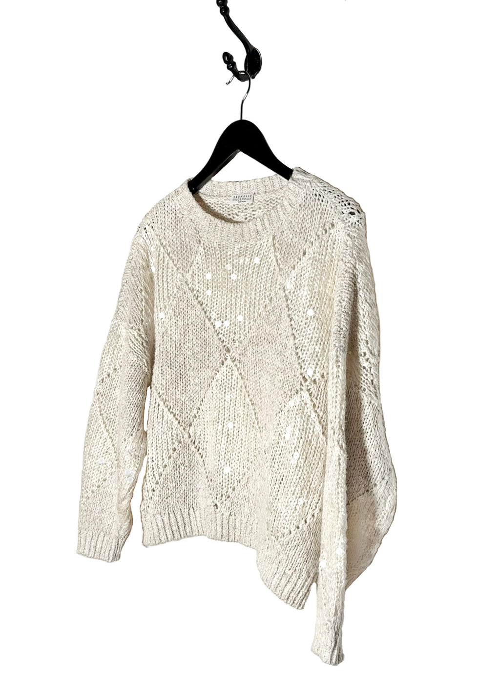 front side of Brunello Cucinelli Ivory Sequined Argyle Cotton Blend Knit Sweater