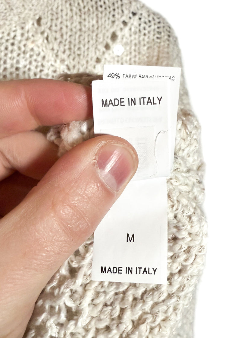 Origin and size label of Brunello Cucinelli Ivory Sequined Argyle Cotton Blend Knit Sweater