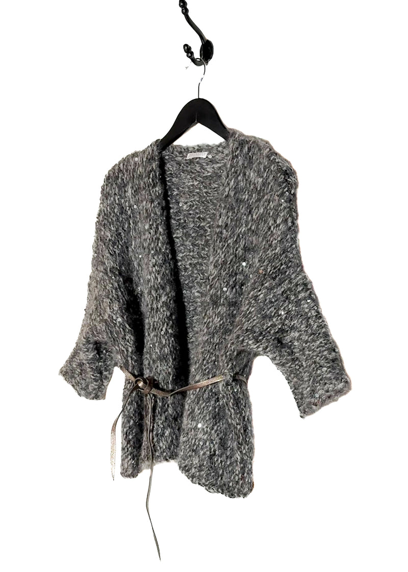 Cardigan ceinturé ﻿﻿Brunello Cucinelli gris﻿ en mohair avec paillettes