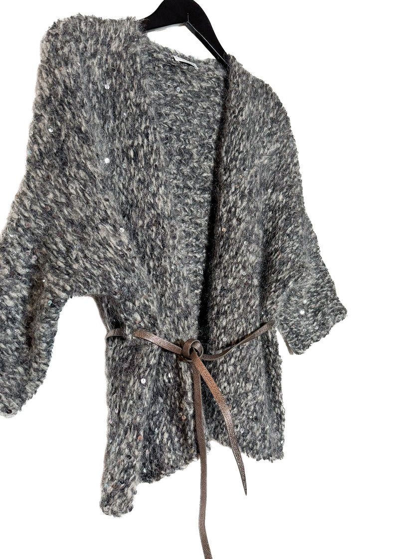 Cardigan ceinturé ﻿﻿Brunello Cucinelli gris﻿ en mohair avec paillettes