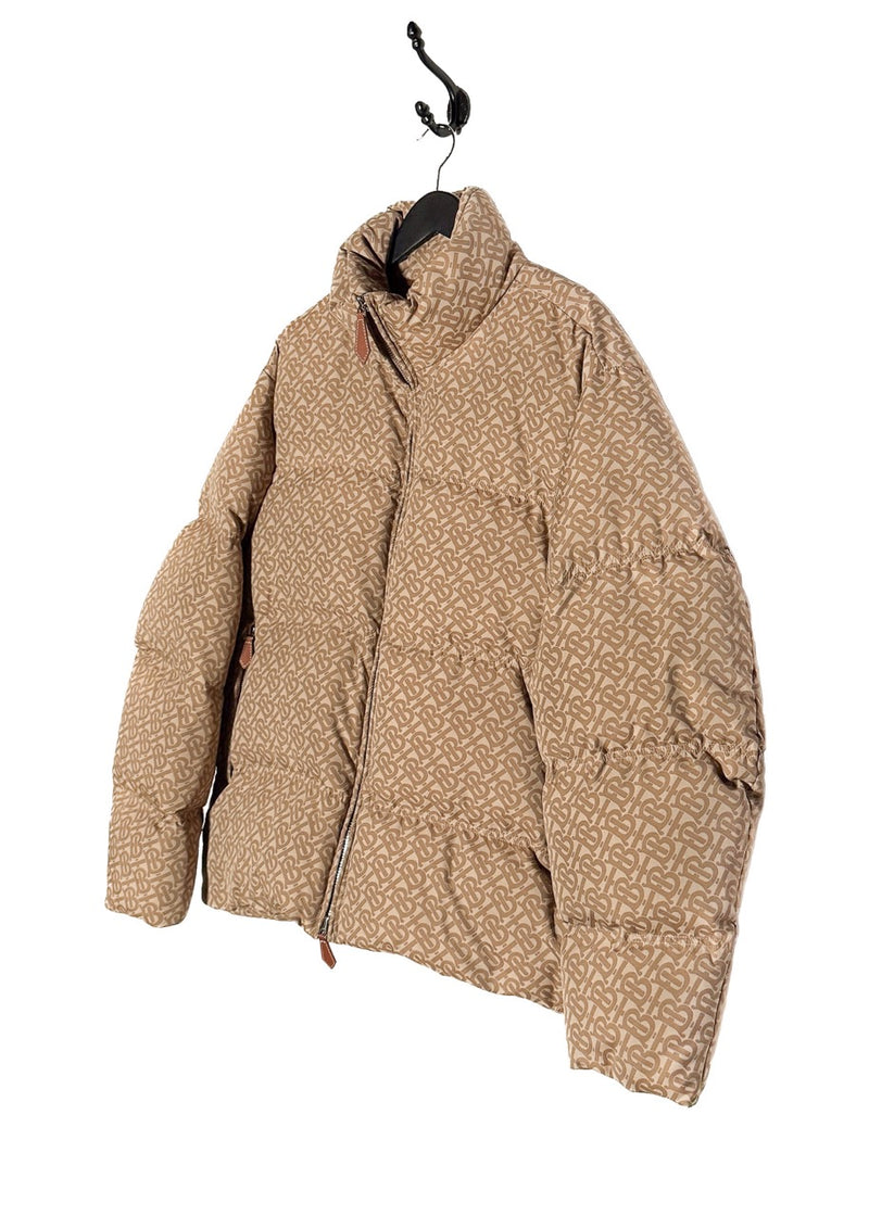 Side front view of Burberry Beige Monogram Jacquard Down Puffer Coat