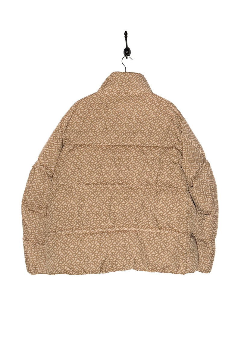 Back view of Burberry Beige Monogram Jacquard Down Puffer Coat