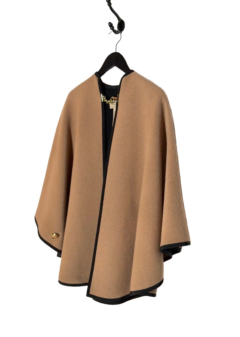 Front side of Burberry Beige Wool Chain Accent Poncho Cape