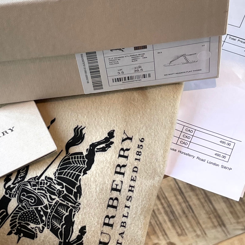 Packaging and documentation of Burberry Black Leather Clasp Accent Thong Sandals