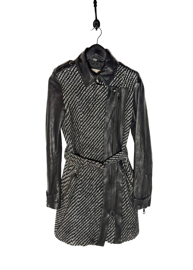 Main photo of Burberry Black Leather Sleeves Wool Tweed Coat