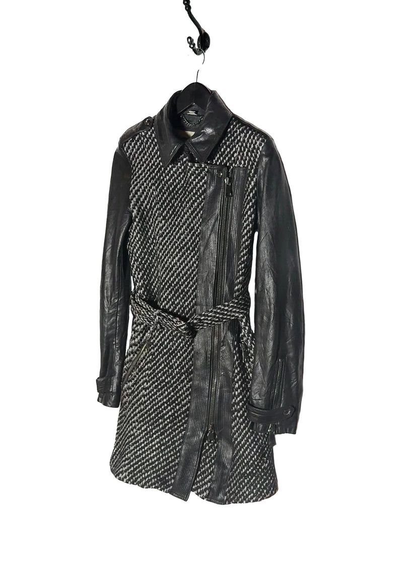 Front side of Burberry Black Leather Sleeves Wool Tweed Coat