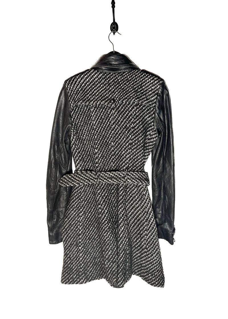 Back of Burberry Black Leather Sleeves Wool Tweed Coat