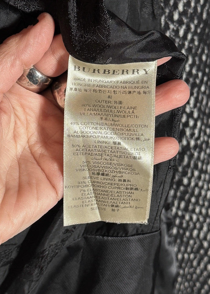 Material label of Burberry Black Leather Sleeves Wool Tweed Coat