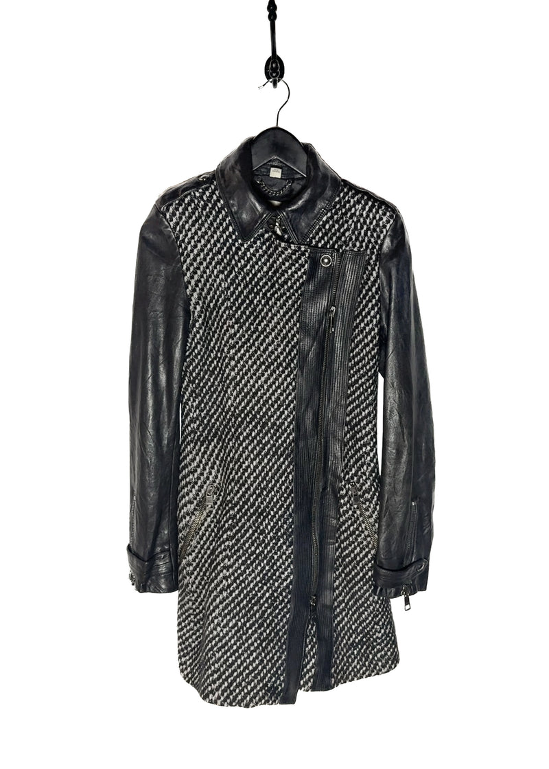 Unbelted Front of Burberry Black Leather Sleeves Wool Tweed Coat