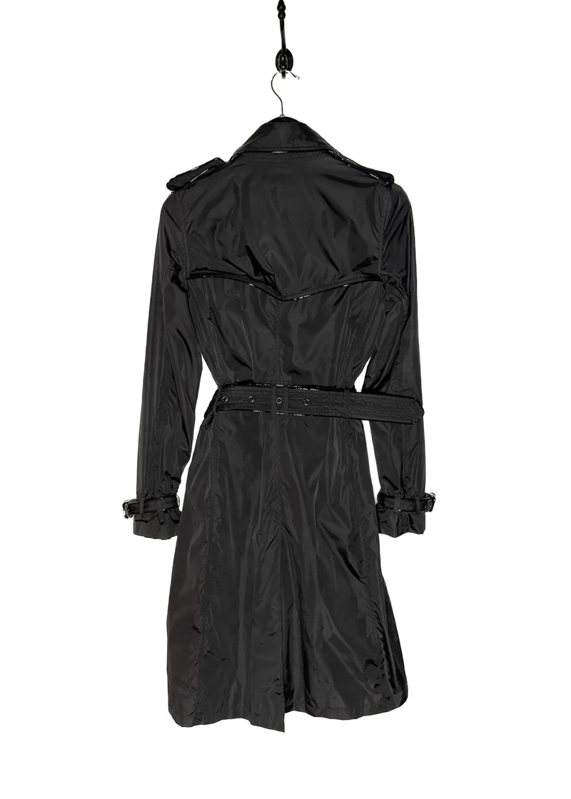 Back of Burberry Black Nylon Patent Piping Trench Coat