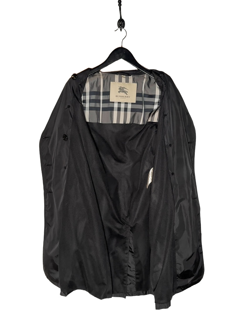 Opened interior and lining of Burberry Black Nylon Patent Piping Trench Coat