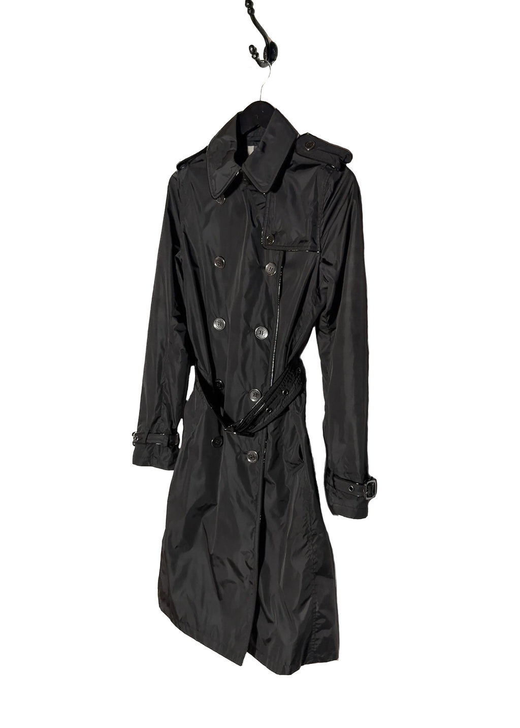 Front side of Burberry Black Nylon Patent Piping Trench Coat