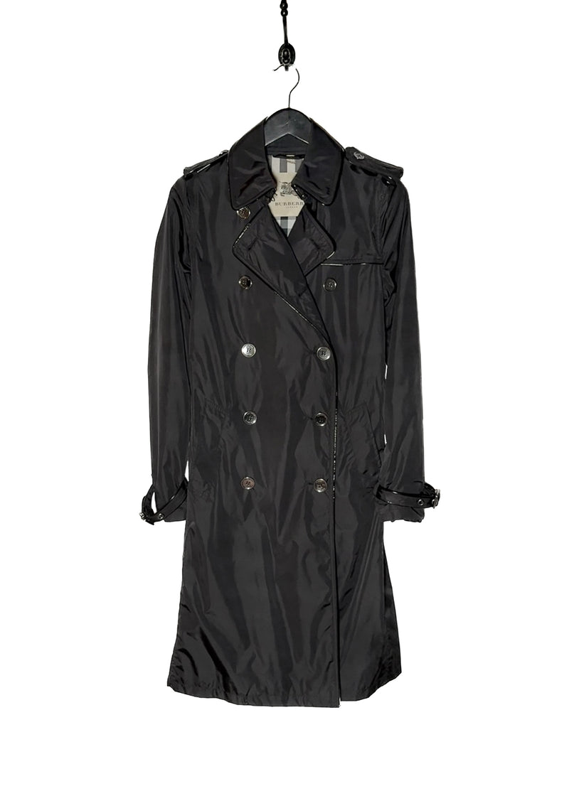 Front of Burberry Black Nylon Patent Piping Trench Coat