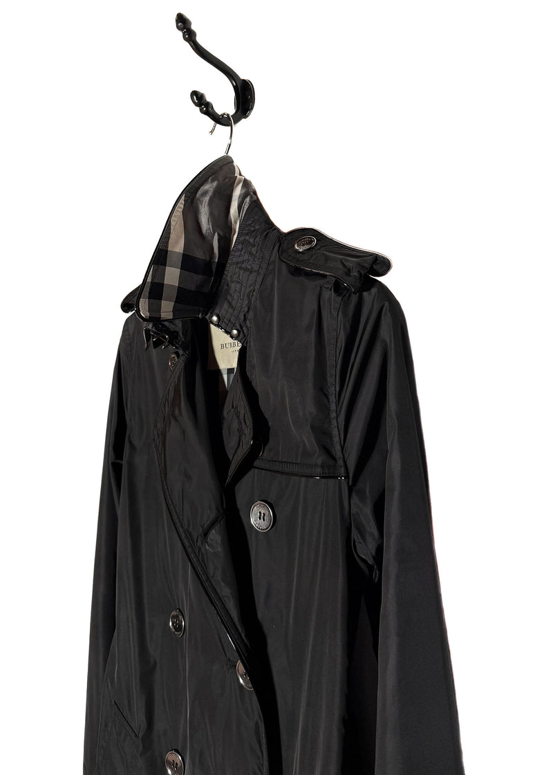 Hanged Burberry Black Nylon Patent Piping Trench Coat