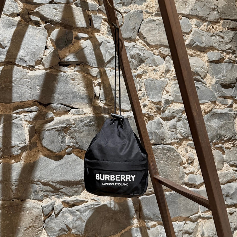 Full Front view of Burberry Black Nylon Phoebe Drawstring Mini Bucket Pouch