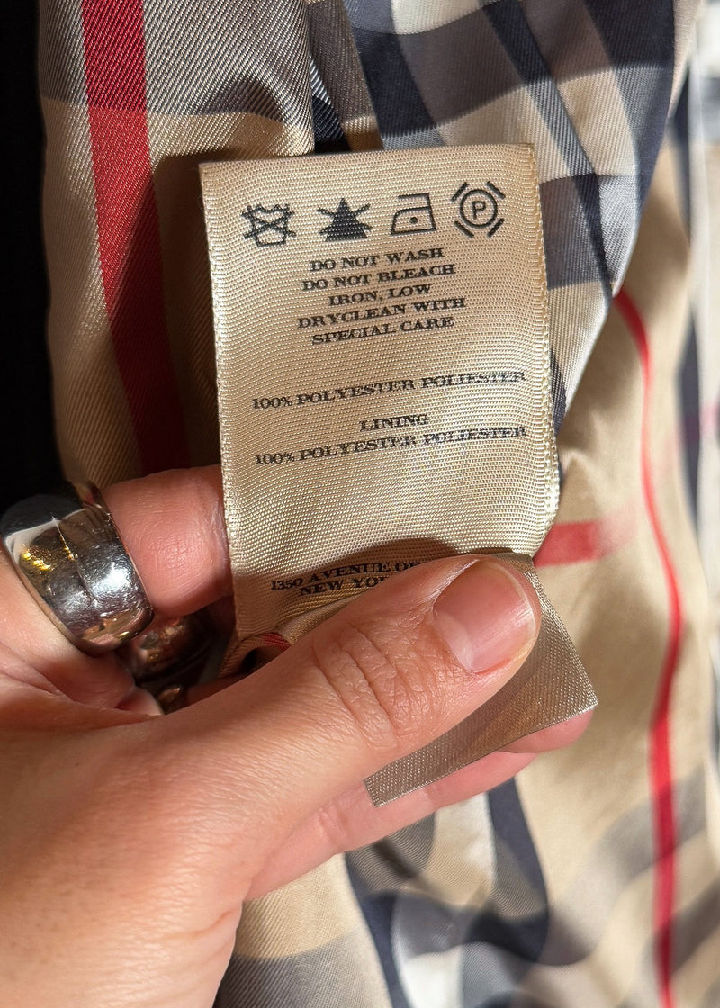 Care and material label of Burberry Black Polyester Satin Mabeldon Trench Coat